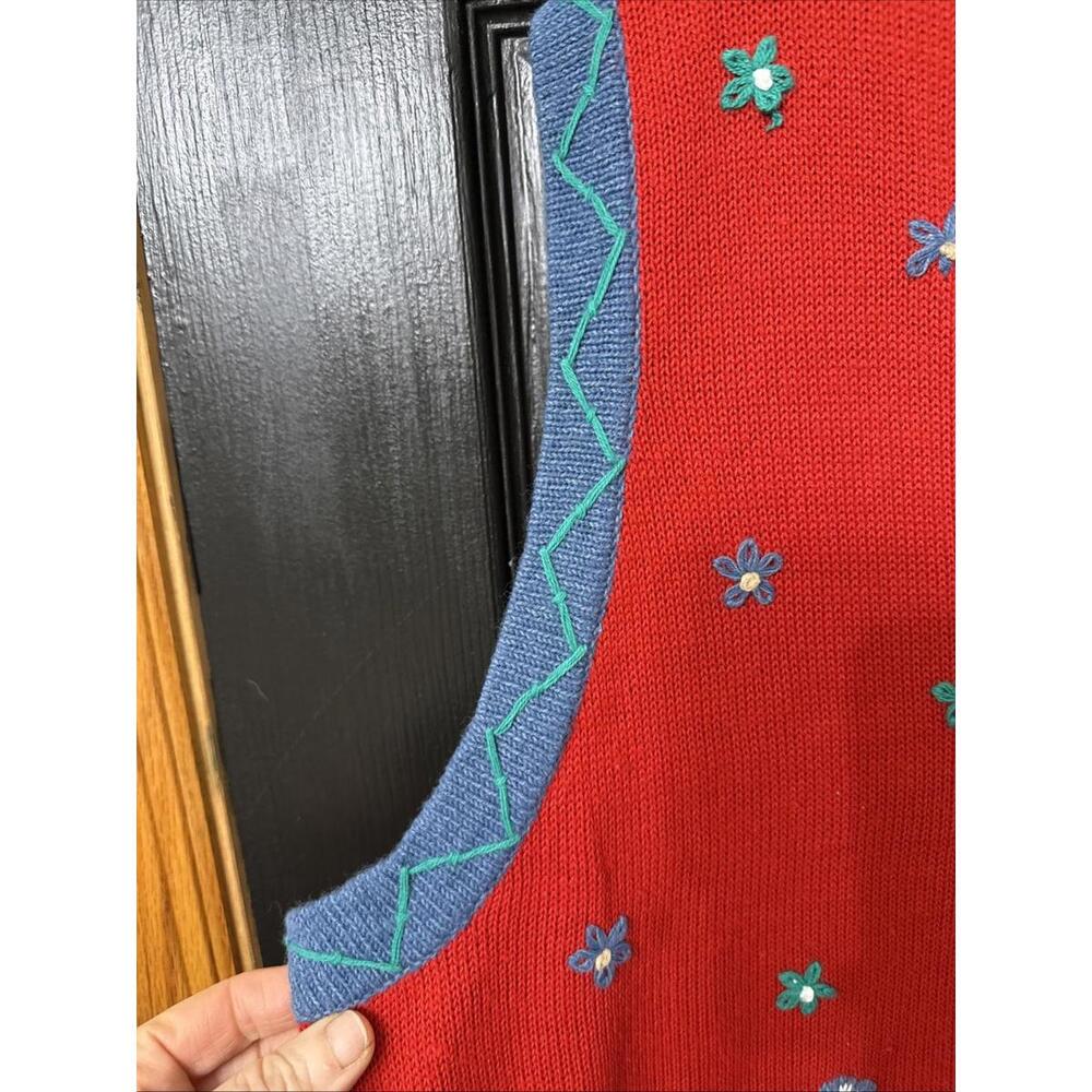 VTG Sweater Vest Women Sz XL Button Cardigan Floral Embroidery Boho Novelty Red - Picture 4 of 5